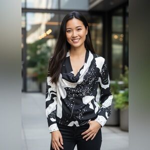 CHICME Vintage Y2K black and ivory abstract print deep plunge front blouse SZ S